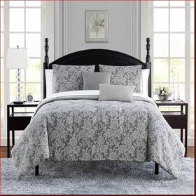 Waterford Linens 038992931651 Angela Floral Damask Jacquard Grey Charcoal 3p Queen Comforter Set