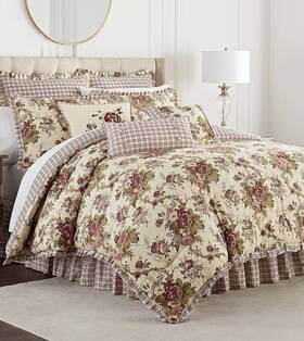 Waverly 081806663767 King 4 Piece Norfolk Quilt Set Red Floral Country 100% Cotton Used