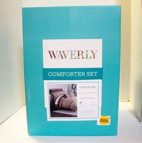 Waverly 081806801954 4-piece Castleford Damask Comforter Set Beige And Maroon Queen Bedding
