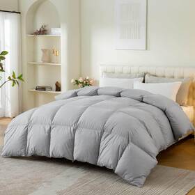 Hd-wl-bs017-q Wellos Gray All Season Feather Down Comforter Queen 100% Cotton Cover With Corner Tabs