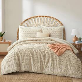 Wendier 747301663250 Oli Anderson Beige Queen Comforter Set Tufted Bedding 3 Pieces Boho S