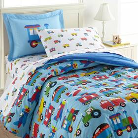 81074376 Wildkin Twin Size Trains With Planes And Trucks Cotton Comforter Set -