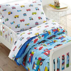 81135808 Wildkin 4pc Toddler Trains With Planes And Trucks Cotton Bed In A Bag