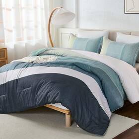 B0f6xyljcz Wongs Bedding Queen Size Comforter Set Blue Striped Patchwork Microfiber
