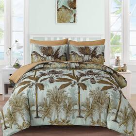 Ys01ab090552q7u-a Wongs Bedding Botanical Comforter Set 7 Pieces Palm Tree Bed In A Bag Reversiable King Blue