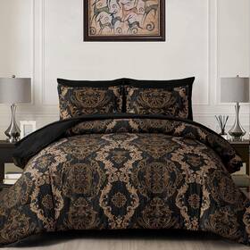 Ys01ab090659k7u-a Wongs Bedding Black Comforter Set King Size Gold Damask Texture 7 Pieces Bed