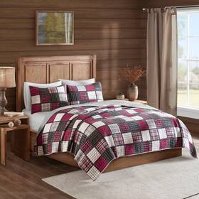 80785086 Woolrich Full/queen Tulsa Oversized Plaid Print Quilt Set Red/gray Bedding