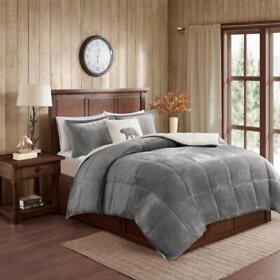 Wr10-2887 Woolrich Comforter Set 4-pcs Full Queen Sherpa Down Alternative Charcoal Ivory