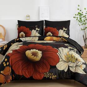 Xruibed 445012583524 Black Floral Comforter Set Queen Size 7 Pieces Bed In A Bag Flower Beddi