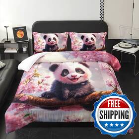 B0fcm5c9zd Xynhml Kawaii Black White Panda Theme Comforter 3pcs Queen Wild Animal Cherry