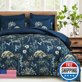 B0dzh561nj Yiran Navy Blue Floral Comforter Set King Size 7 Piece Dandelion Botanical Spri