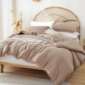 B0bbzvnxxr Yirddeo Full Size Comforter Set 3pc Taupe Ball Pom Fringe Soft Bedding All Seaso