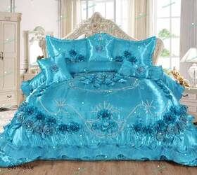24017-blue Yiwu Genshi King Satin Floral Comforter Set Blue Quilted Luxury