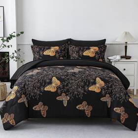 Botanical0961 Yogeneg 7 Piece Bed In A Bag Queen Size Comforter Set Black Bedding Gold Butterfl