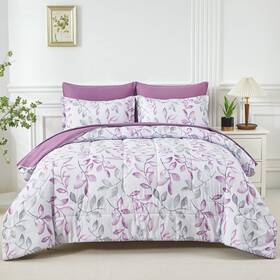 Zjls-02 Yogeneg Botanical King Szie Comforter Set 7 Pcs Bed In A Bag Purple Grey Leaves Print