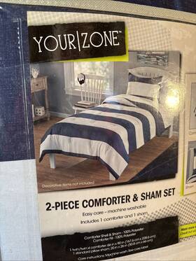 Your Zone 081806442843 Navy Stripe Twin Comforter And Sham Polyester Set