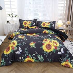 Bk22 Zrnbast Sunflower Full Black Comforter Set With Butterfly 3 Pieces Floral Bedding