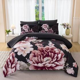 Zsb005 Zsyayaha Black-gray Floral Comforter Set Queen Size 7 Pieces Peony Bed In A Bag Ornate