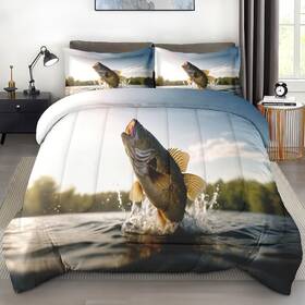 Z4z4-kn Zzzboro Comforter Set With 2 Pillowcases King Size Big Bass Fish Hunting Fishing Be