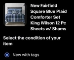 New Fairfield Square Blue Plaid Comforter Set King Wilson 12 Pc Sheets W/ Shams. Fixed Price $49.99.