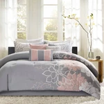 Lola Gray And Peach Cotton Sateen King Floral 7-PIECE Comforter Set. Fixed Price $153.00.