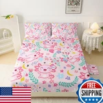 Qoomo Pink Axolotl Kids Sheet Set For Girlscartoon Flowers Print Bedding. Fixed Price $80.54.