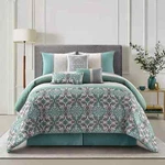 Nanshing Reina 7-PC. Damask Comforter Set Queen Aqua. Fixed Price $74.00.