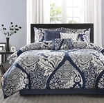 Madison Park 7 Piece Vienna Sateen Cotton Comforter - Queen Set Indigo Damask. Fixed Price $119.99.