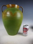 Large 14" Two Handled Vase North Carolina Cole Pottery Green Glaze - 1930'S. Fixed Price $350.00.