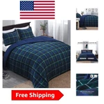 Stylish Navy & Green Plaid Twin Comforter With Pillow Sham Machine Washable. Fixed Price $81.69.