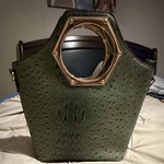 Olive Green Ostrich Crocodile Embossed Top Handle Bag With Gold Hexagon. Fixed Price $29.85.