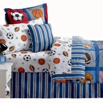 10PC Full Boys Sports Patch Blue Reversible Comforter Set Sheets Valance Drapes. Fixed Price $89.99.