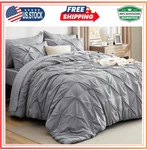 Bedsure Queen Comforter Set, 7 Pieces, Pintuck, Grey, Sheets & Pillowcases. Fixed Price $68.28.