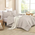 Andency Tan Gingham Comforter Set QUEEN90X90INCH, Brown Checkered Grid Plaid. Fixed Price $63.41.
