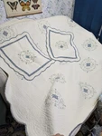 Home Classics Queen Blue & White Embroidered Floral Quilted Bedspread Shams. Fixed Price $59.99.