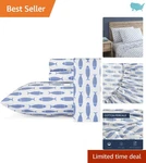 Queen Cotton Percale Bedding Set With Nautical Woodblock Fish Design - 4 Pieces. Fixed Price $100.99.