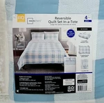 Blue & White Plaid Reversible Quilt Set With Tote 4PC Queen Full F/q Bedding. Fixed Price $34.99.