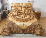 Tache Caramel Sandy Beach Gold Cream Elegant Ruffle Satin Comforter 6 Piece Set. Fixed Price $250.00.