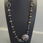 Lucy Clara Necklace Woman Gold Silver Foil Black Glass Bead Statement Filigree. Fixed Price $28.00.