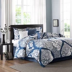 Vienna Indigo Damask Queen 7-PIECE Comforter Set. Fixed Price $126.00.