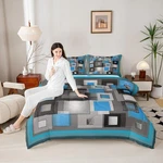 Castle Fairy Geometric Grid Full Comforter Set - Blue, White, Gray Bedding. Fixed Price $92.54.