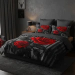 Ccoutuechen Grey Stripe Comforter Black Red Roses Bedding Set Queen Size .... Fixed Price $70.46.