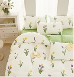Amy Tulip Farmhouse White Purple 100% Cotton Reversible Comforter Set Queen. Fixed Price $129.00.