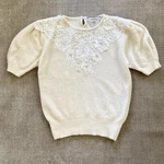 White Wheeler & Martha Ivory Floral Beaded Lambswool Angora Short Sleeve Sweater. Fixed Price $78.00.