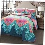 Boho Chic Reversible Cotton 3-PIECE Set Bright King Turquoise & Navy Quilt. Fixed Price $78.01.