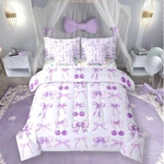 Erosebridal Purple Cherry Bow Full Size Bed Sheets And Comforter Set Cute Silk. Fixed Price $122.18.