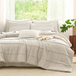 Queen Comforter Set Beige, 7 Pieces Soft Pinch Pleat Bed Bag. Fixed Price $55.99.