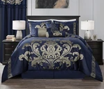 Navy Blue Gold Floral Damask 7 Piece Comforter Set Queen Size Bedding Colcha. Fixed Price $144.88.