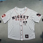Disney Mickey Mouse Pinstripe Button Baseball Jersey Shirt White Black Red #28. Fixed Price $75.00.