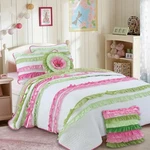 Pink Green Chic Ruffle Girl Cotton Quilt Set, Bedspread, Coverlet. Fixed Price $65.99.